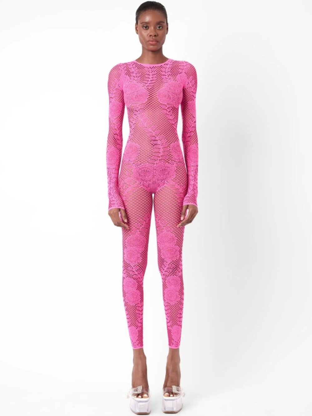 NEW Poster Girl Hen Jumpsuit in Hot Pink Mesh Lace Long Sleeve Catsuit Cat Suit